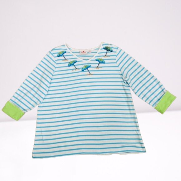 Quacker Factory Sequin Beach Umbrella Striped Top Size XL White/Blue Worn Once - Picture 3 of 9